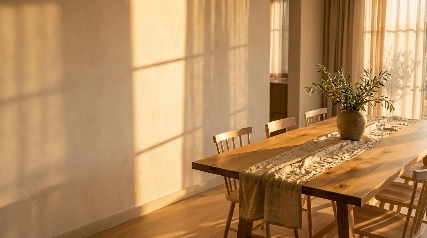 Dining room in the morning sun, a solid oak table
