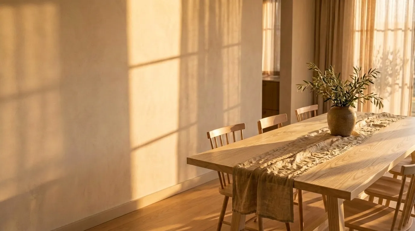 Dining room in the morning sun, a solid ash table