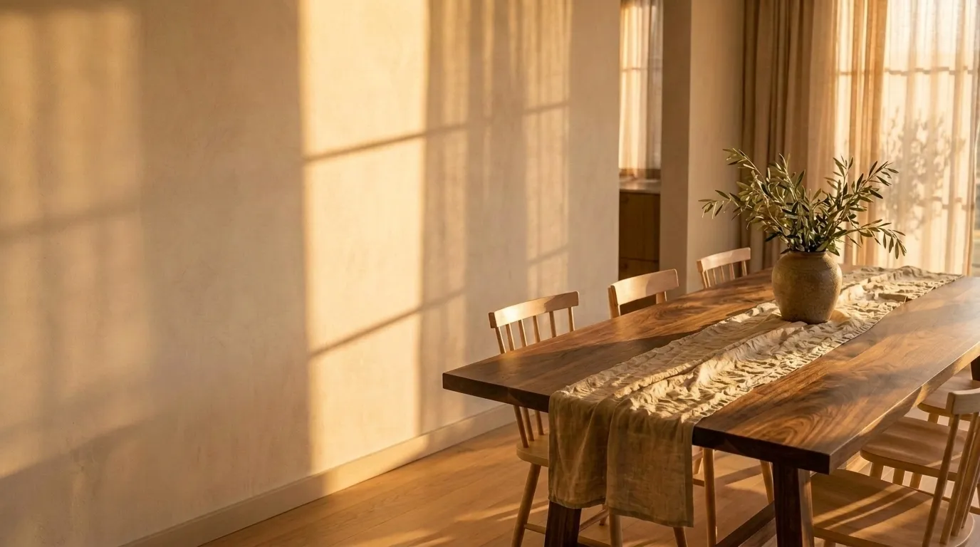 Dining room in the morning sun, a solid walnut table