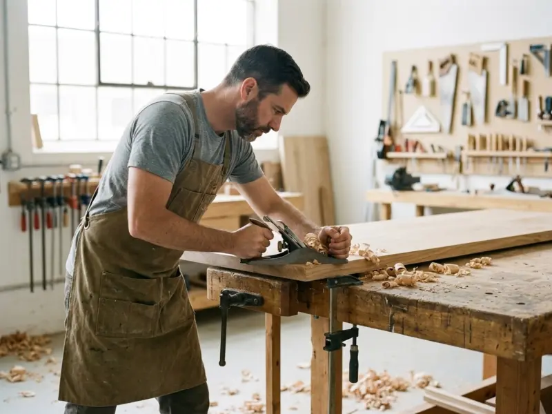 A joiner in an apron sanding an oak table top in a bright workshop